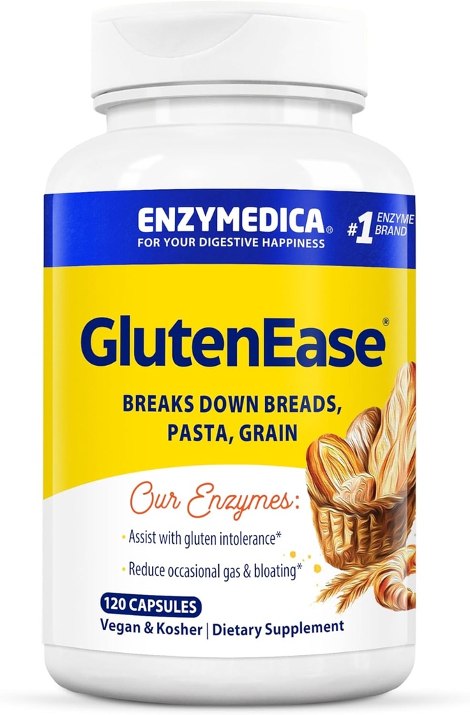 Enzymedica GlutenEase, Advanced Digestive Enzymes for Women and Men, Fast-Acting Formula for Bloating Relief & Digestive Health, Helps Break Down Gluten & Casein, 120 Capsules