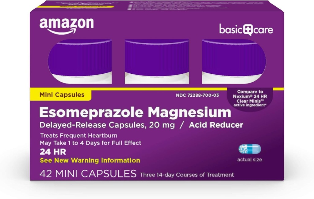 Amazon Basic Care Esomeprazole Magnesium Delayed-Release Mini Capsules, 20 mg, Reductor de ácido, 24 horas Medicina de acidez, 42 Conde