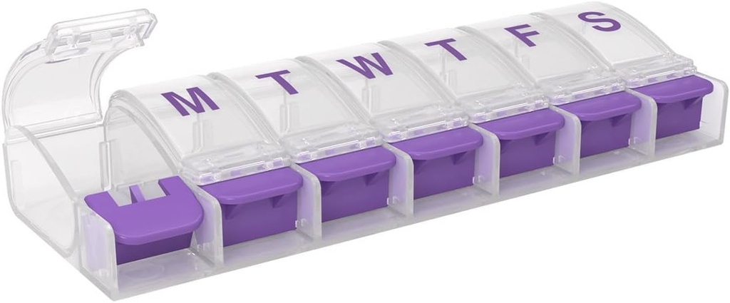 EZY DOSE Caja semanal de píldoras (7 días), Planificador de Medicina, Caja de Organizador de Vitaminas, Compartimientos de Empuje Medio, Conveniente y Fácil de Usar, Color May Vary, BPA Gratis