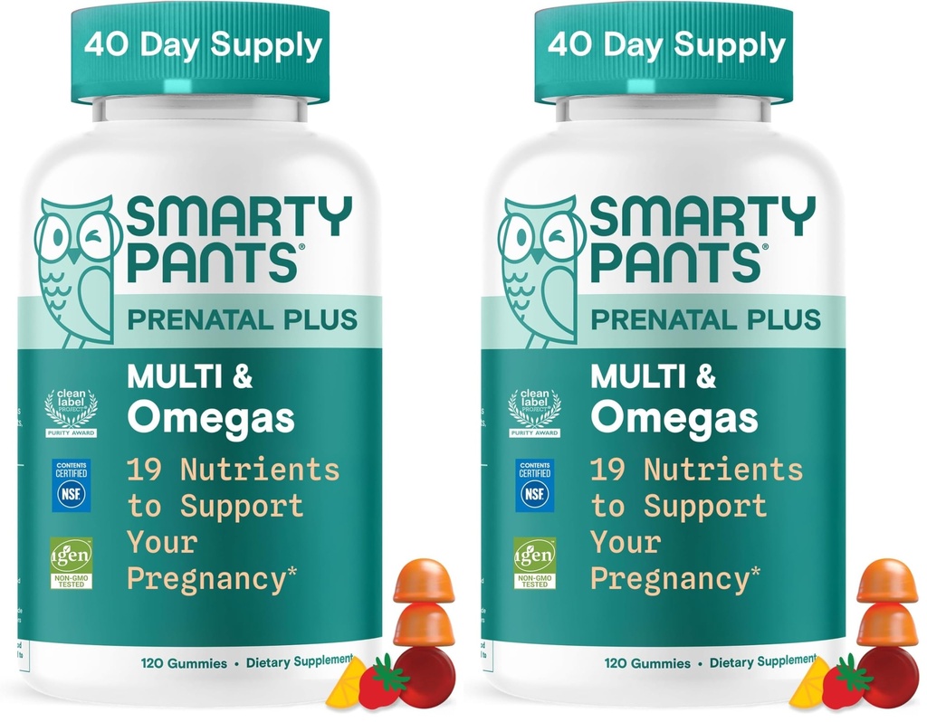 SmartyPants Prenatal Multivitamin Gummies, Omega 3 (DHA/EPA), Methylfolate, Biotina, Vitamina D3, C, Vitamina B12, B6, A, K & Zinc, Gluten Free, 120 Conde (40 Day Supply) (Pack of 2)