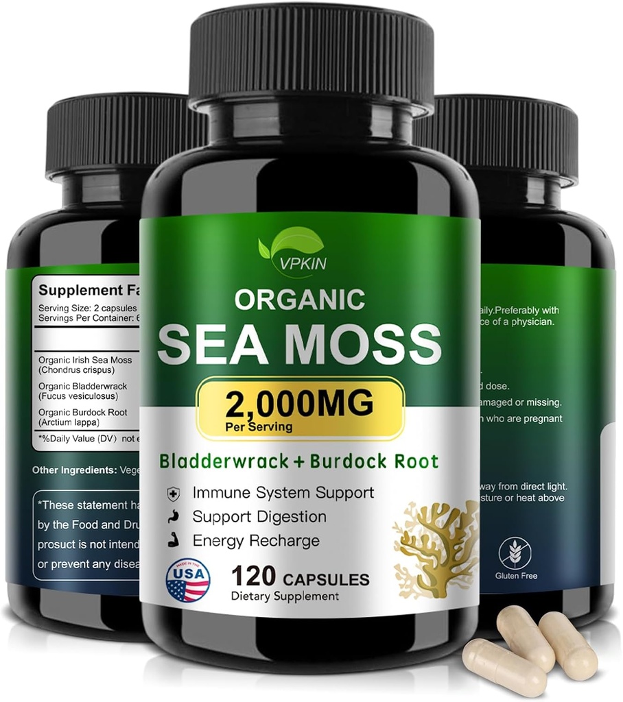 Moss de Mar Orgánico Capsules con Rayawrack,Burdock Root y Black Pepper Extract-Irish SeaMos Pills 2000mg-Promotes Immune System,Thyroid Support(120 Capsules)
