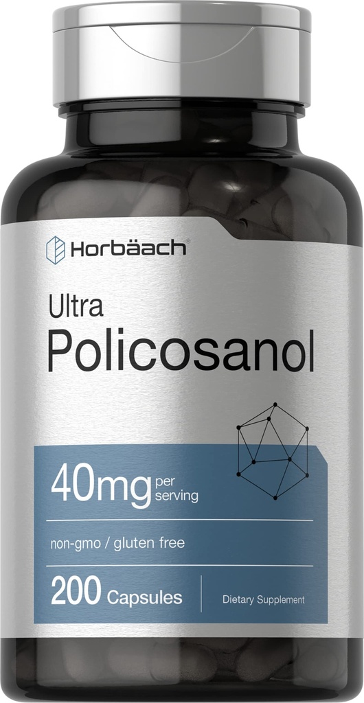 Horbäach Policosanol 40mg  200 Capsules ← Non-GMO and Gluten Free Supplement