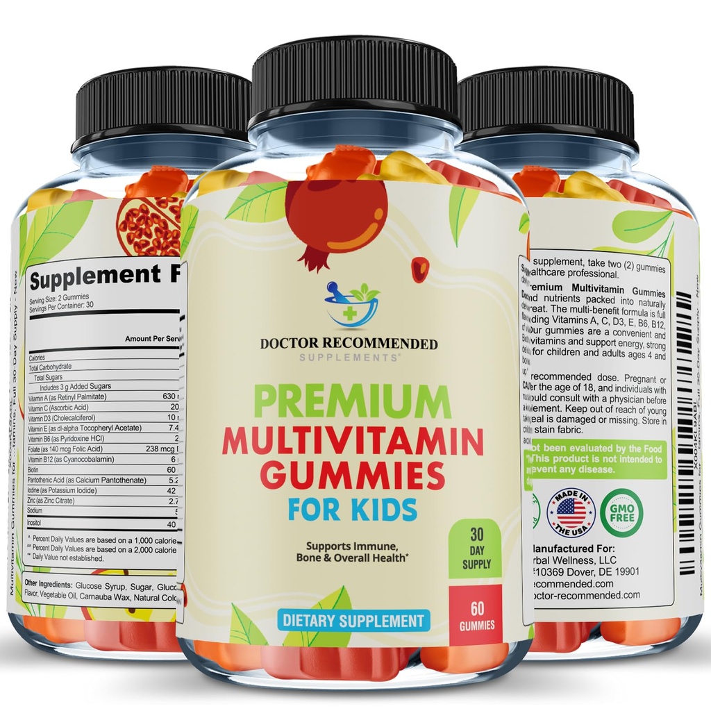 Premium Multivitamin Gummies for Toddlers & Kids - Chewable Essential Daily Vitamins A, C, D3, E, B6, B12, Biotin - No High-Fructose-Corn-Syrup or Artificial Sweeteners - 60 Gummies, 30-Day Supply