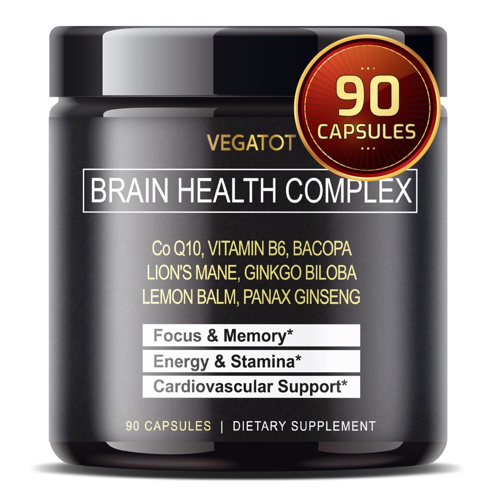 VEGATOT Brain Booster Brain Health Complex Suplemento concentrado con CoQ-10 VIT B6 Lion's Mane Ginkgo Biloba Lemon Balm Ginseng - Focus Memory Energy