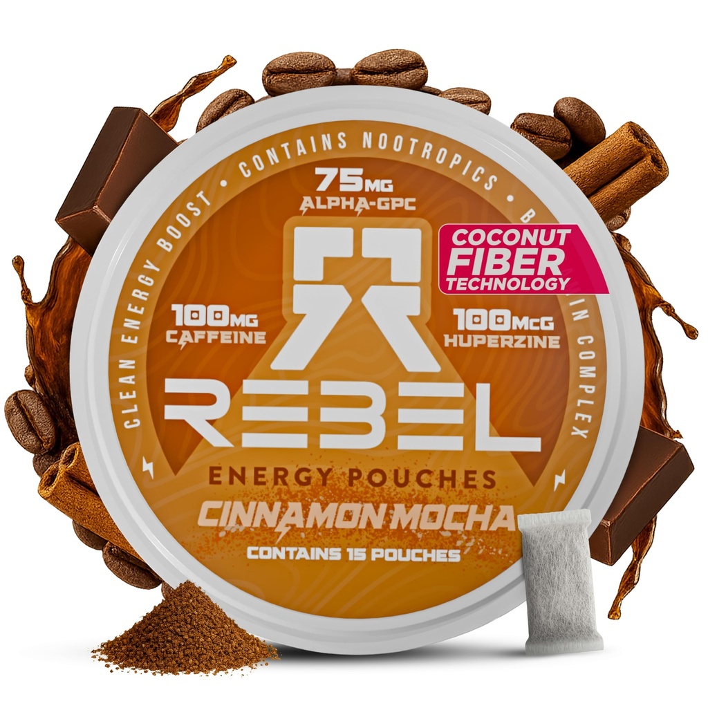 Rebel Nootropic Energy Caffeine Pouches (Cinnamon Mocha) • 100mg Caffeine • Alpha GPC • Huperzine A " Essential Vitamins • Sugar-Free • Coconut Fiber Technology • 15 Pouches Por Can (Pack of 1)