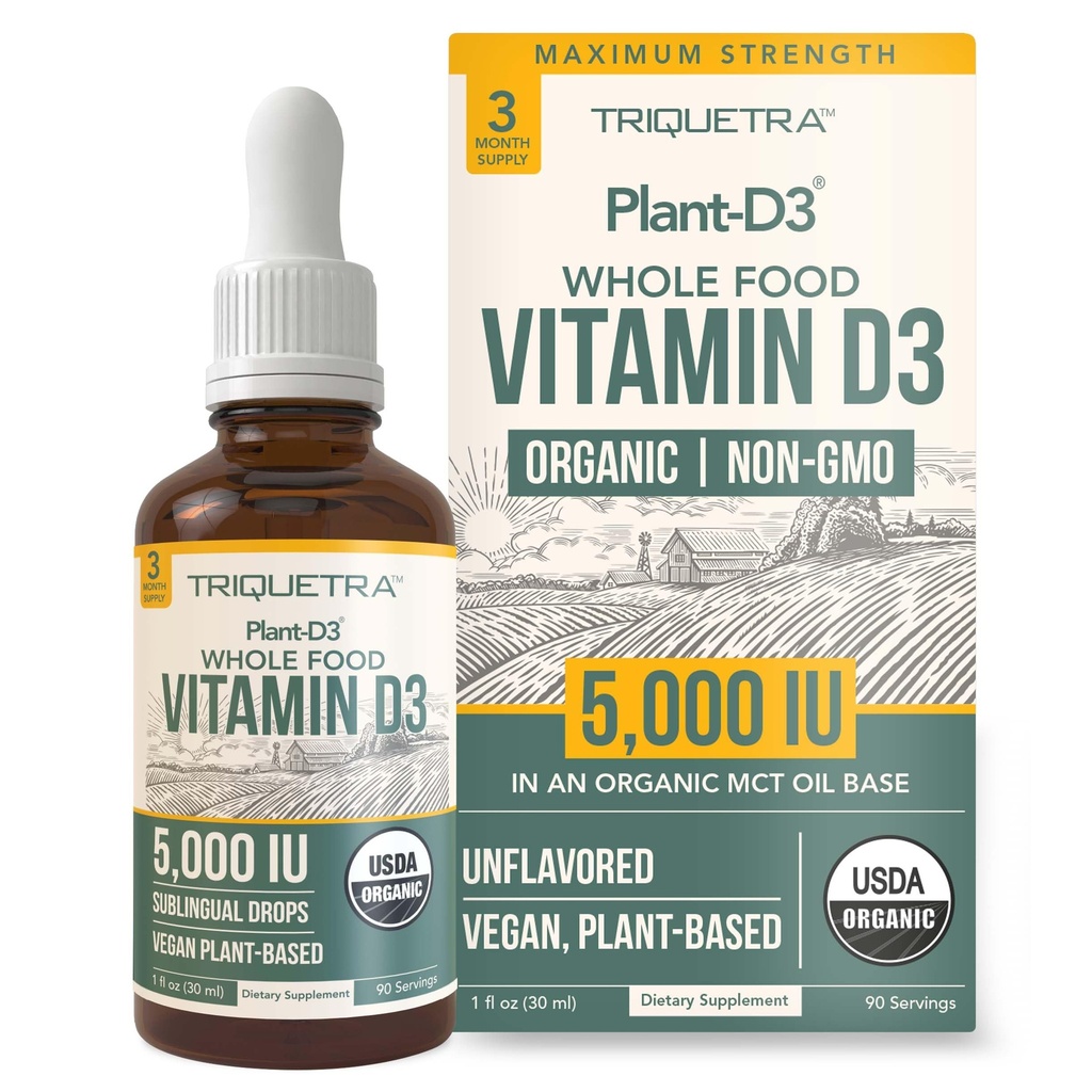 Planta-D3 Vitamina Orgánica D3 5000 UI - Vegan, Max Strength Sublingual Liquid D3 Drops - 200% Absorción Superior - 100% Forma de Cholecalciferol de base vegetal - Dosificación ajustable para todas las edades (1oz Liquid)