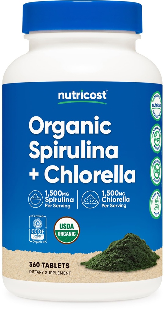 Nutricost Organic Spirulina + Clorella (3,000mg) 360 Tabletas - USDA Organic, 1.500mg Spirulina, 1.500mg Clorella, Vegan, GMO-Free, Gluten-Free, 60 Servings