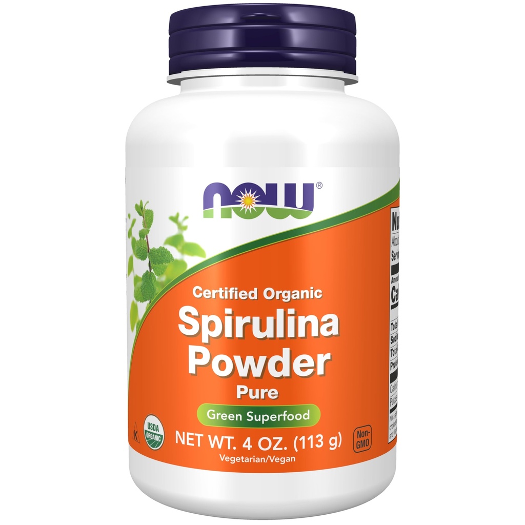 AHORA Suplementos Alimentarios, Orgánica Certificada, Polvo Espirulina, Rico en Beta-Caroteno (Vitamin A) y B-12 con Clorofila natural GLA, 4-Once
