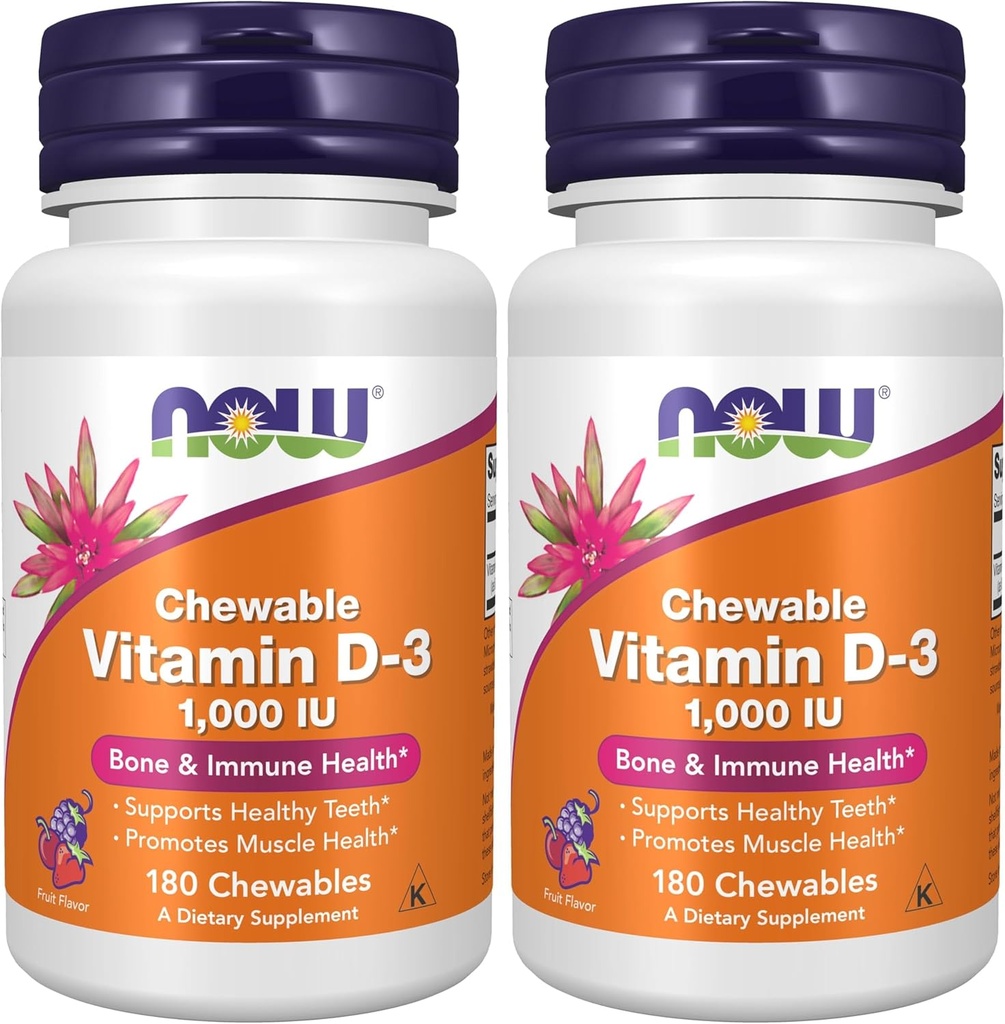AHORA Suplementos, Vitamina D-3 1.000 UI, Sabor de Frutas Naturales, Apoyo Estructural*, 180 Chewables (Pack of 2)