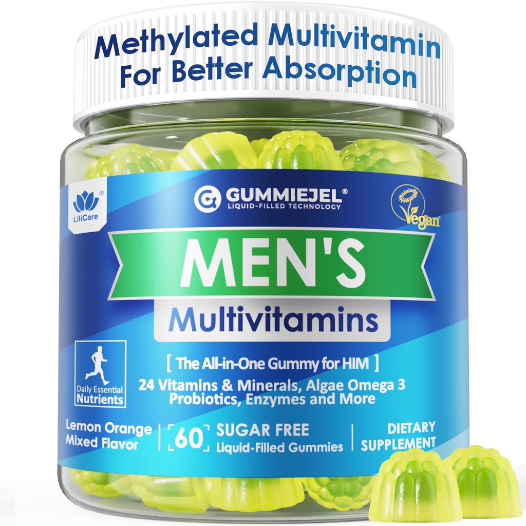 Mens Multivitamins Gummies, Multivitamínico Metilado para Hombres, Complejo B, Minerales, Vegan Omega 3, Probiótico, Enzyme, Antioxidantes para el soporte diario completo de hombres, Sugar Free, Vegan (No Iron) 60 Condes