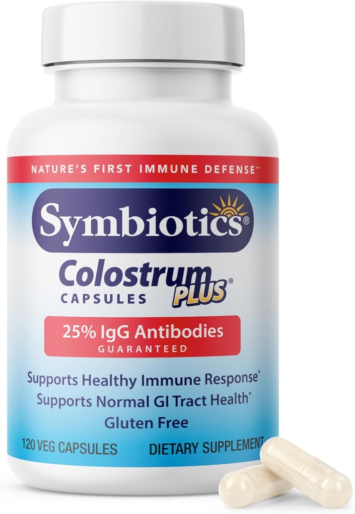 Symbiotics Colostrum 120ct Vegetable Capsules - Immunity Support - Lactoferrin Supplement & Colostrum Protein with Immunoglobulin - 25% lgG Anticuerpos - Gluten Free