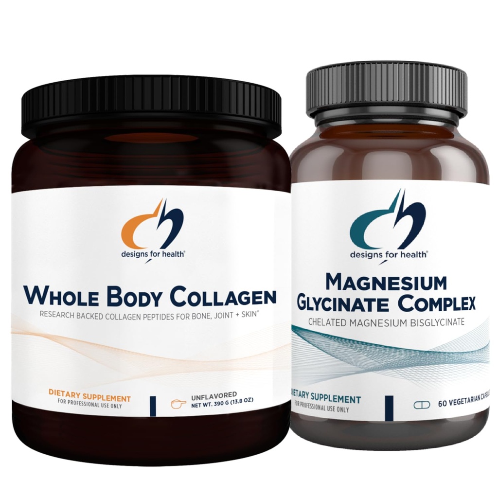 Diseños para el Complejo Glycinate de Magnesio de Salud (60 capsules) &amp; Ple Body Collagen (30 servidos) Bundle - Magnesio de alta absorción con polvo de colágeno Premium para soportar los huesos, la piel &amp; las articulaciones