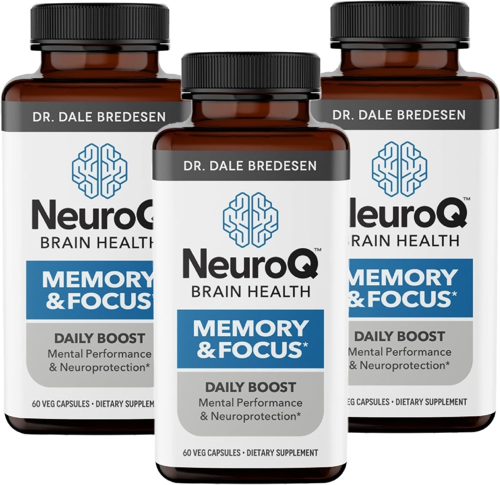 NeuroQ Memory & Focus - Boosts Cognitive Performance & Brain Function - Neuroprotective Formula by Dr. Dale Bredesen - Gotu Kola Ginkgo Phosphatidylserine &amp; Propolis - 60 cápsulas (Pack of 3)