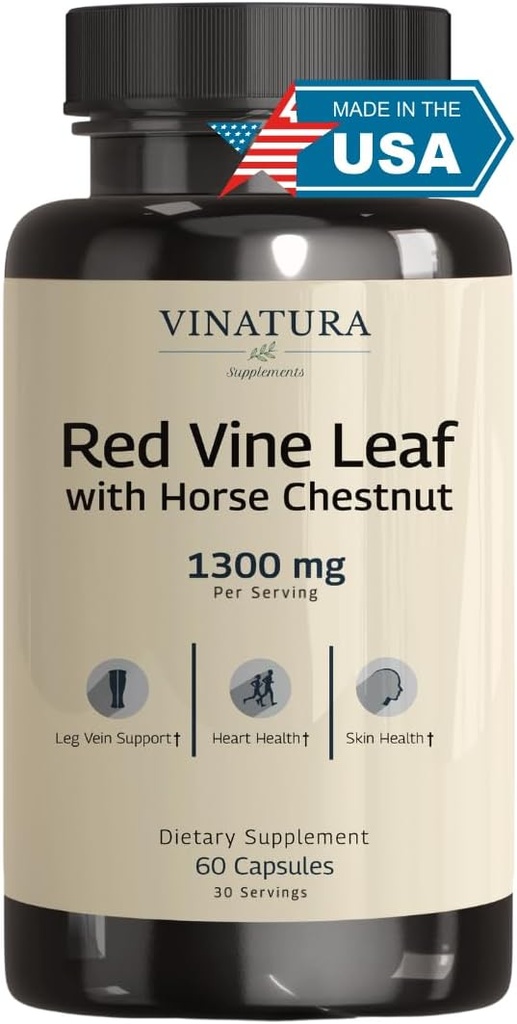 Red Vine Leaf Extract - Caballo Chestnut, 1300mg/servido *USA Hecho y probado* Circulación y soporte para las piernas sanas - Ayuda a Flujo de sangre, Circulación de las piernas - 60 cápsulas (30 servidos)