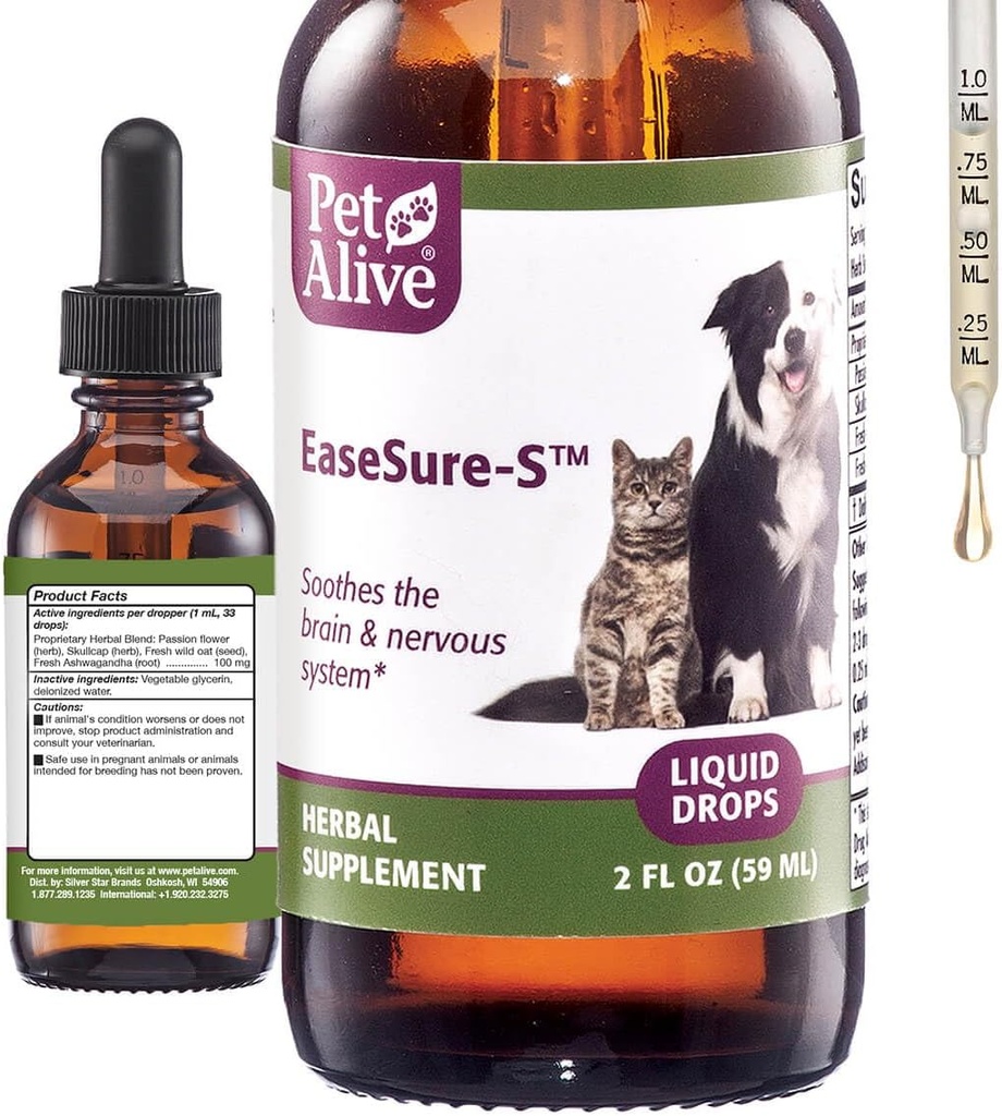 PetAlive EaseSure-S - Perro y Cat Calming Drops - Herbal Pet Suplemento para Relajar y Reducir Movimientos Involuntarios del Musculo, Twitching - Cuidado de gatos y perros - 59 mL