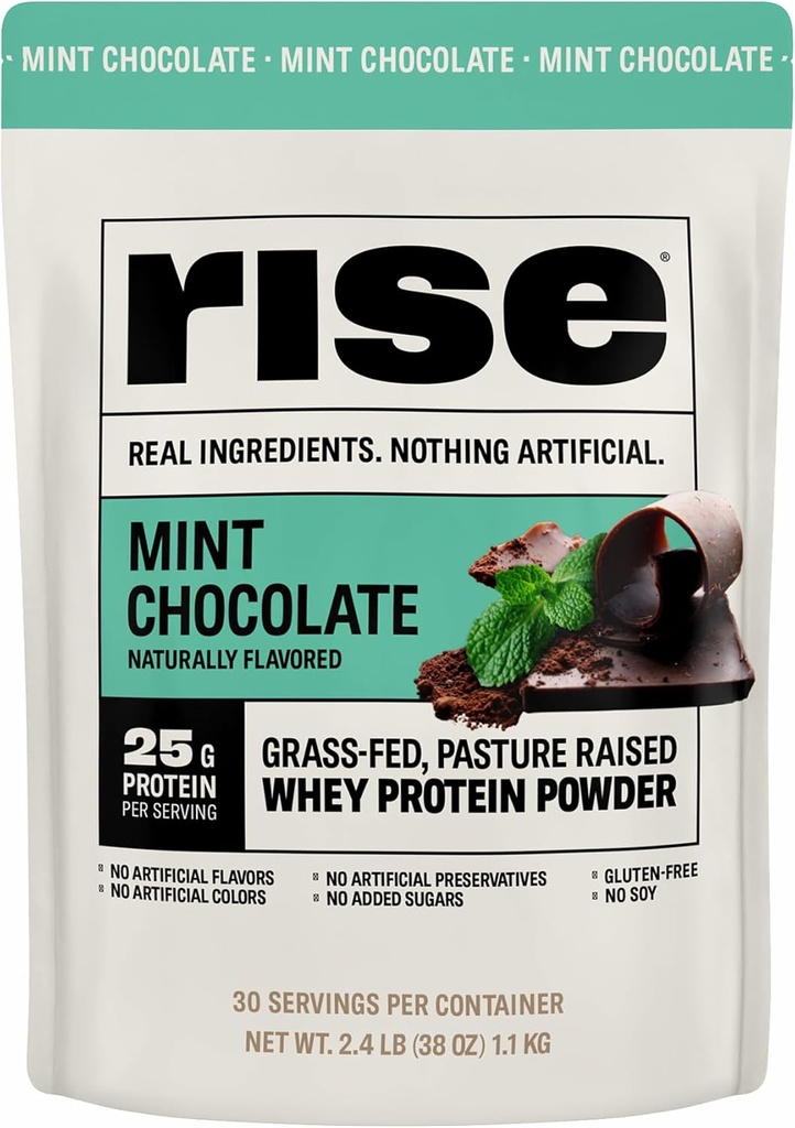 Rise Grass-Fed Whey Protein Powder - Mint Chocolate tención 25g Protein No Artificial Flavors, Colores o Preservadores - Sugar Gratis, Sin gluten, Soy Gratis (2.4 libras)