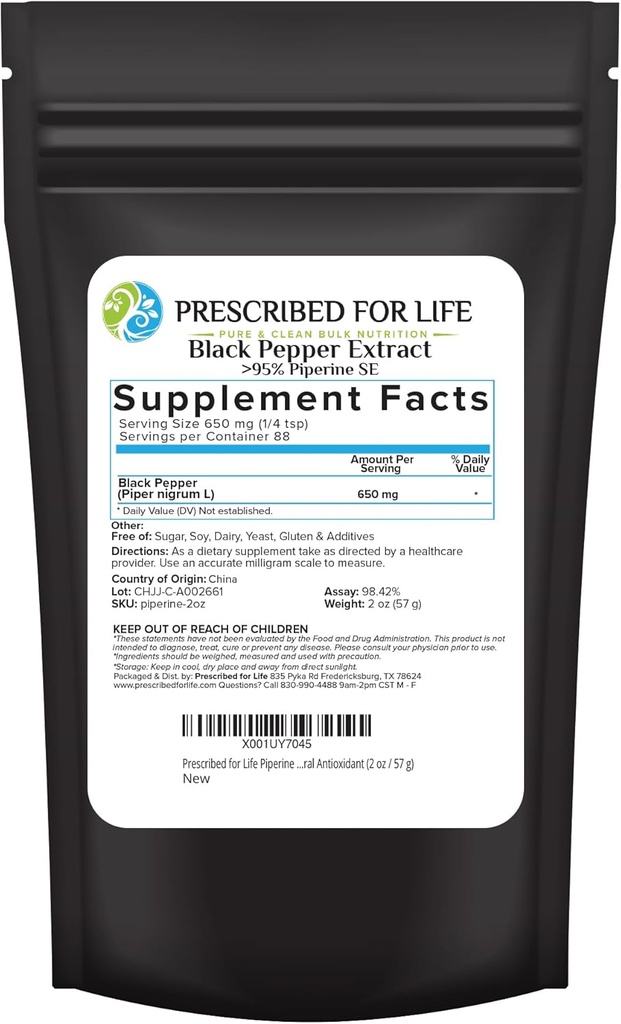 Prescrito para la pólvora de piperina de vida, 95% pólvora de pólvora negra, bots Nutrient Absorption, Gluten Free, Vegan, Non GMO, Natural Antioxidant (2oz / 56g)