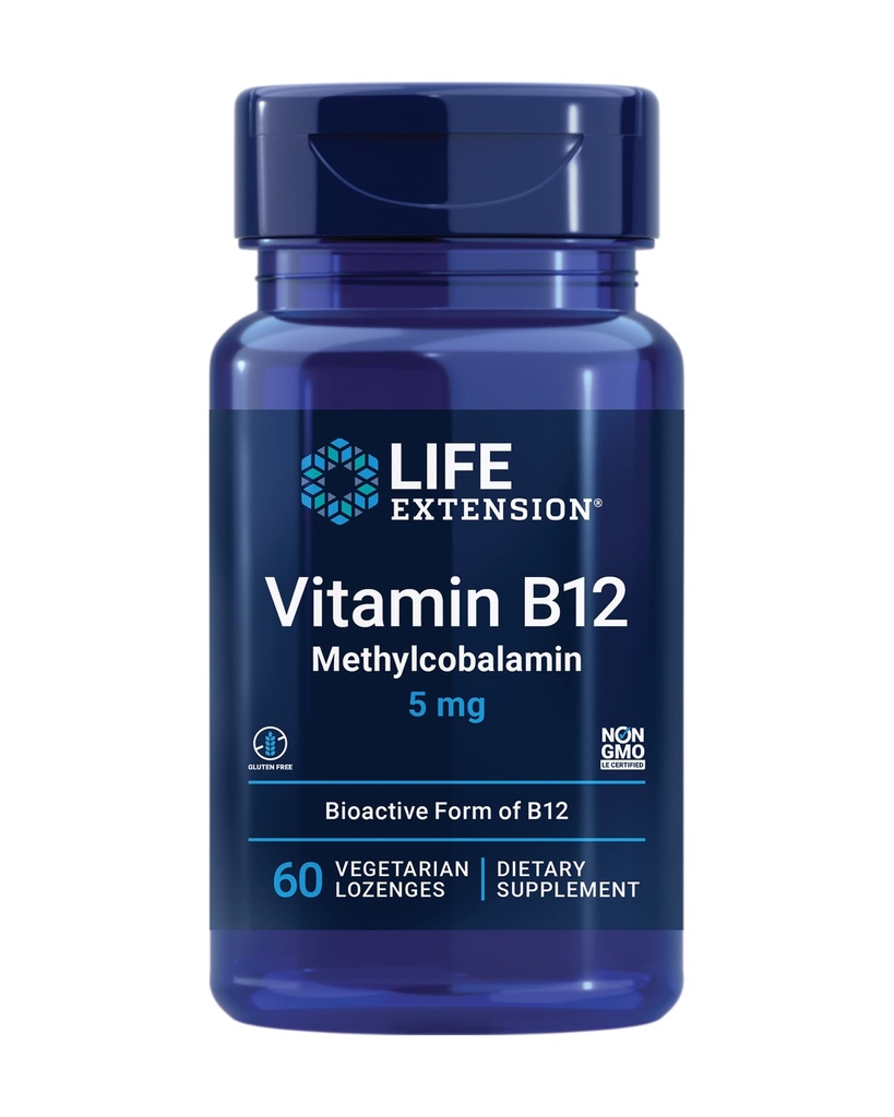 Vitamina B12 Metilcobalamina, Suplemento de Salud Nerve, Apoyo Cognitivo, Vitamina Energética, Metilcobalamina B12, 5 mg, Dessolamiento rápido, Libre de gluten, No GMO, Vegetariano, 60 lozenges