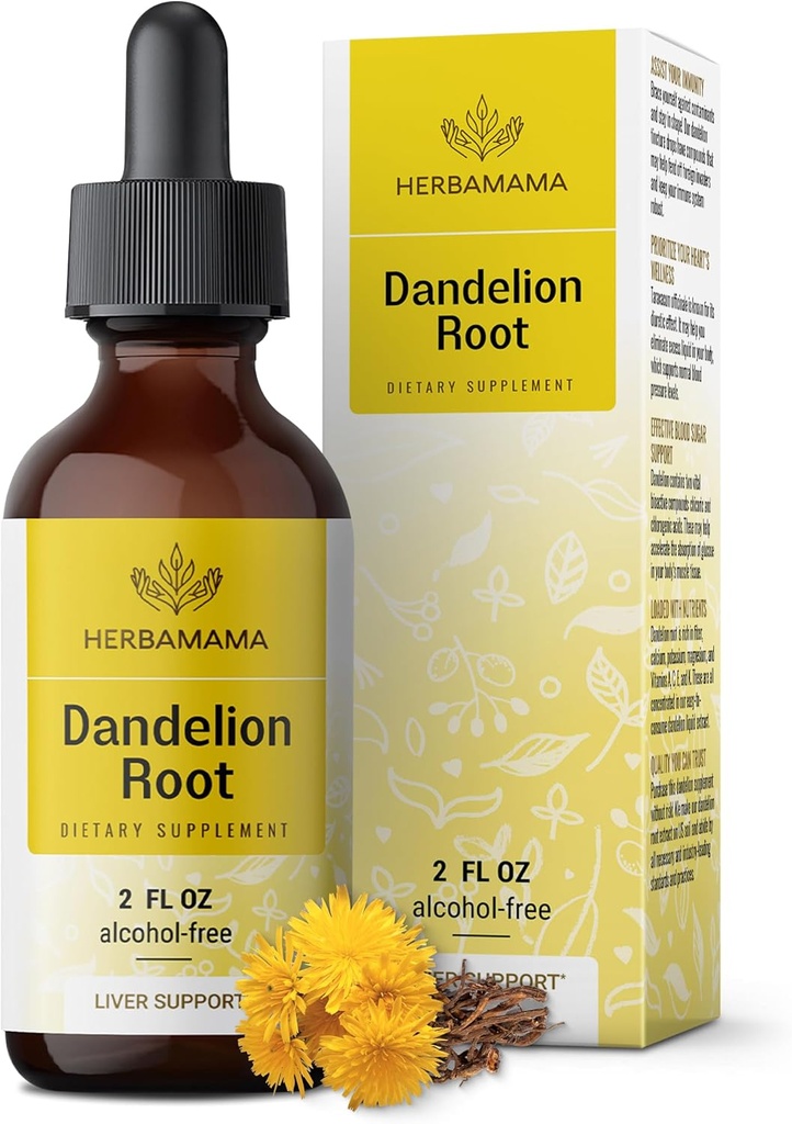 HERBAMAMA Dandelion Root Tincture - Extracto Vegan Dandelion Root para Detox Liver y Cleanse - Non-GMO, Alcohol & Sugar-Free Liquid Liver Support Supplement, 28-Day Supply