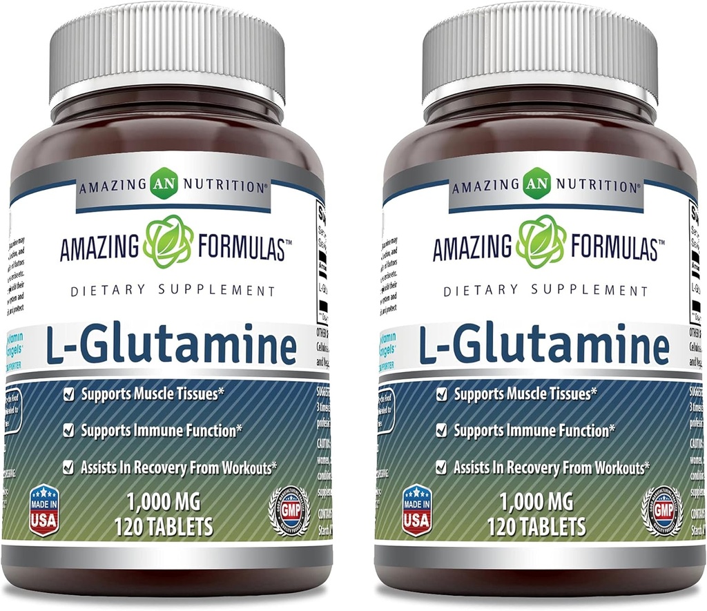 Fórmulas increíbles L Glutamina 1000 mg Tabletas TENIDO Aminoácidos Suplemento para Hombres " Mujeres Silenciosos No-OMG TENIDO Gluten Gratis (2 Pack, 120, Conde)