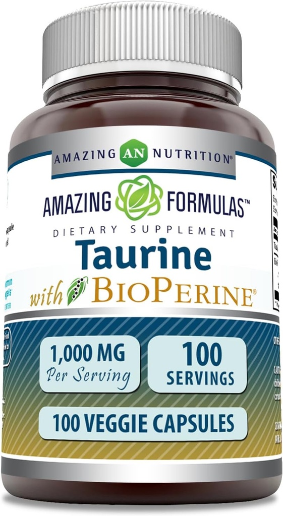 Amazing Formulas Taurine with Bioperine Supplement TEN 1000 Mg Por Serving TEN 100 Veggie Capsules ← Non-GMO TEN Gluten Free TEN Made in USA