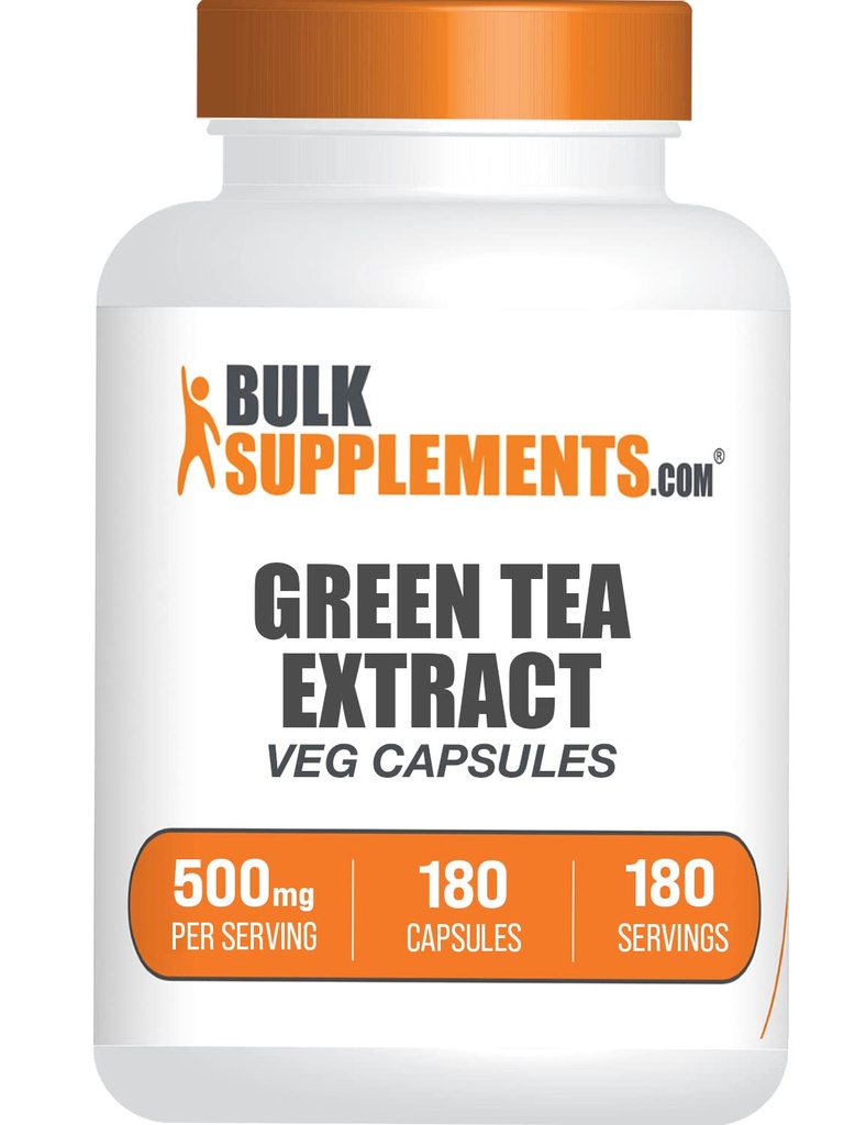 BulkSupplements.com Green Tea Extract Capsules - Green Tea Supplement, Green Tea Extract 500mg, Green Tea Pills - Vegan & Gluten Free, 1 cápsula por Serving, 180 Veg Capsules (Pack of 1)