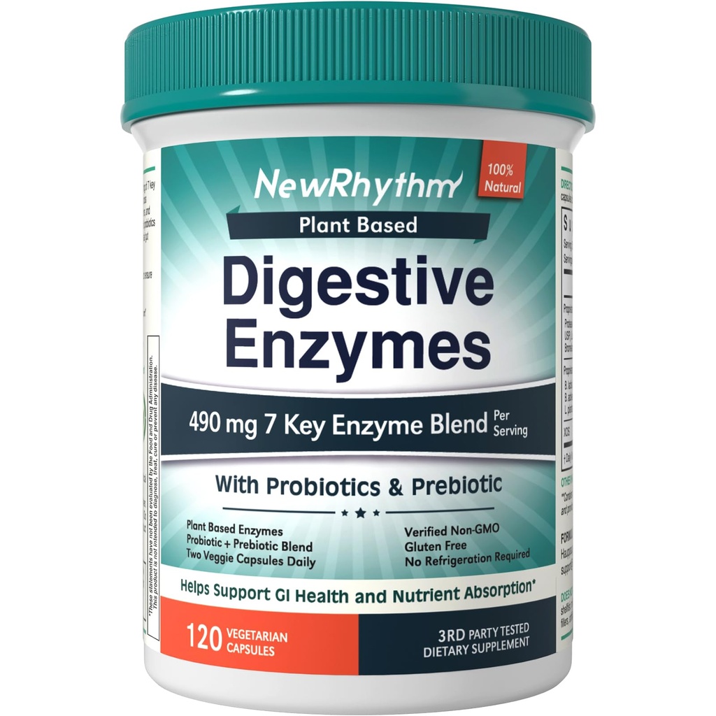 NewRhythm Digestive Enzymes 490 mg, con Probiotics & Prebiotic, Plant Based, 7 Key Enzymes, Digestion, Nutrient Absorption, Protease Amylase & Lipase, 120 Vegan Capsules