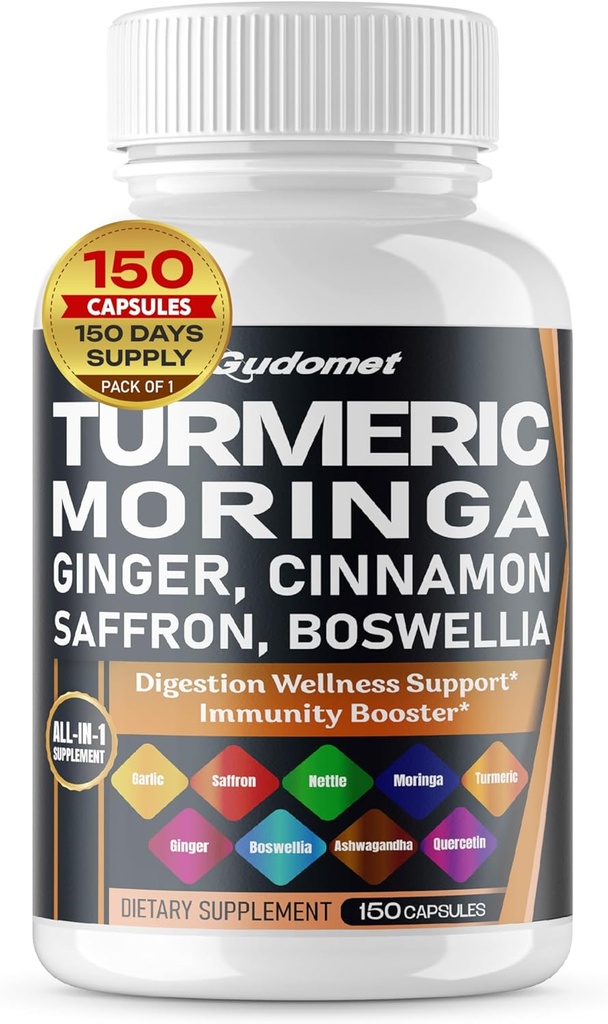 Turmeric Moringa Ginger Boswellia Quercetin Cinnamon Saffron Tart Cherry Odorless Ajo Nettle -150 Capsules- Made in USA