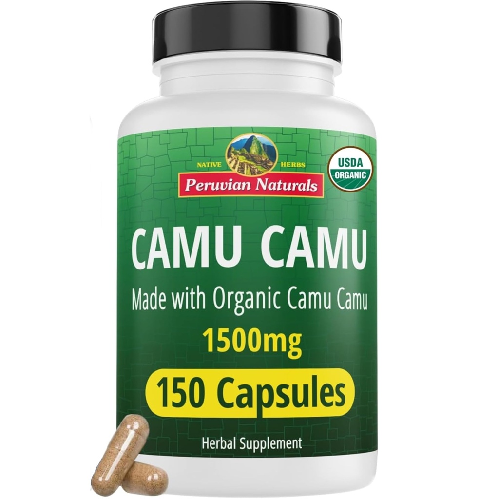 Naturales Peruanos Vitamina Orgánica C de Camu Capsules 1.500mg - 150 Píldoras Veganas, Vitamina Natural C de Alimentos completos Camu Berry Orgánica, No GMO