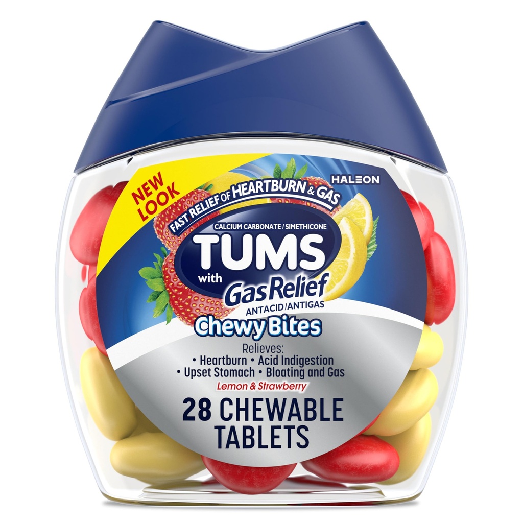 TUMS Chewy Bites Tablas de ácido picante con gas Alivio, Lemon &amp; Strawberry - 28 Cuenta