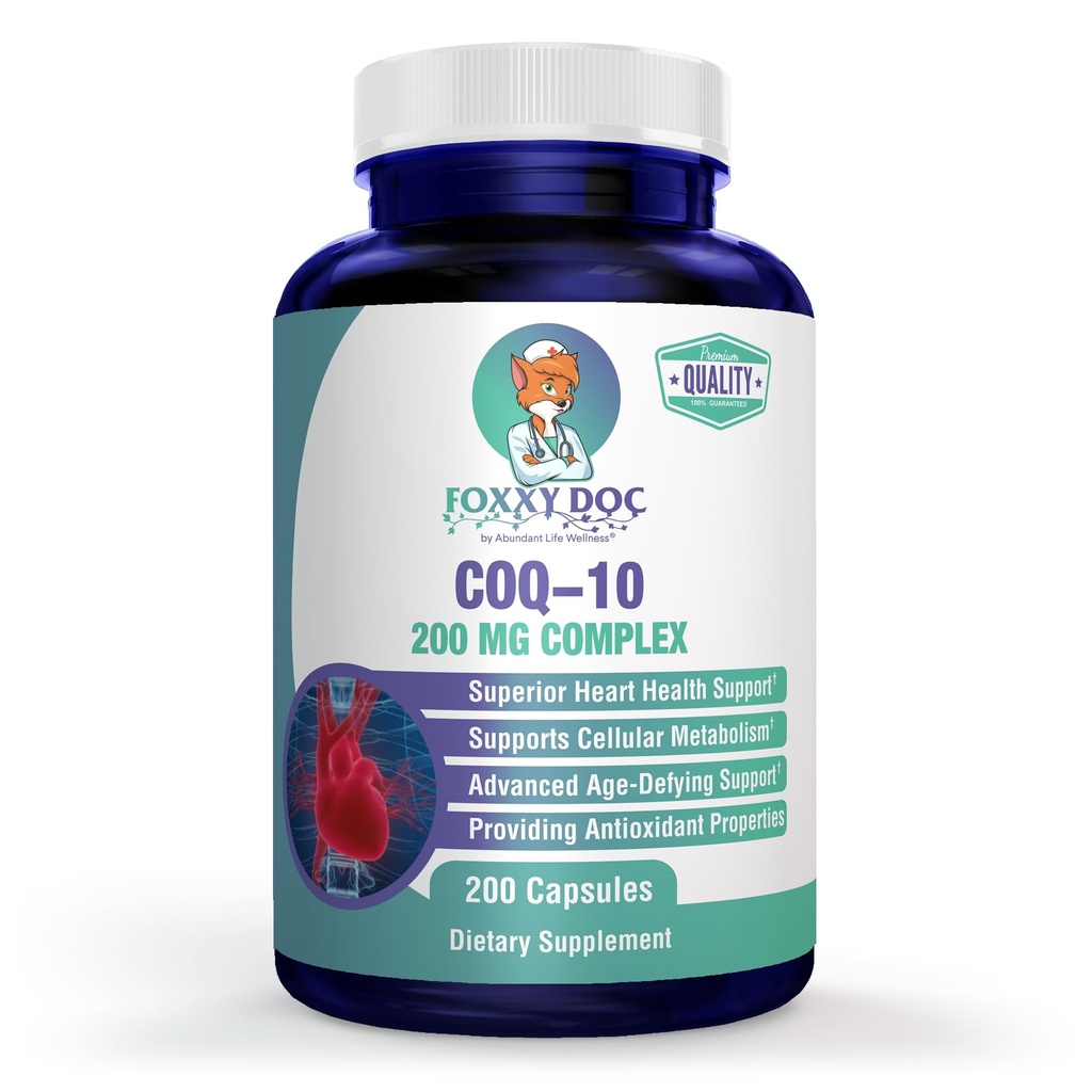CoQ10 - Co-Enzyme Q10-200 mg - Excelente Relación calidad/precio - 200 Caps - Absorción rápida - Veg. Caps - No GMO - Ubiquinone - Heart & Cellular Energy & Brain Supplement by Foxxy Doc