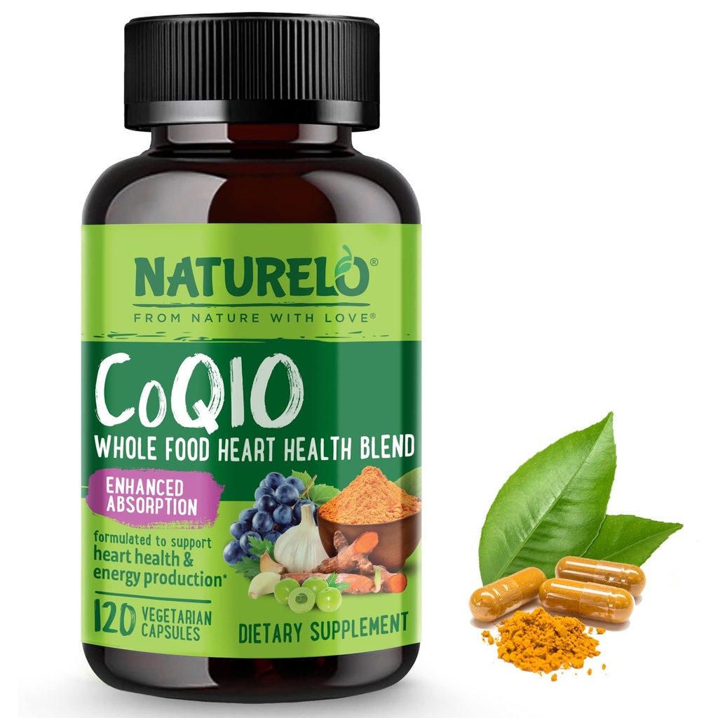 NATURELO Alimento completo CoQ10 Suplemento, 120 capsulas de Veg, Sangre Corazón, Antioxidante poderoso, CoQ10 100 mg apoya la producción de energía