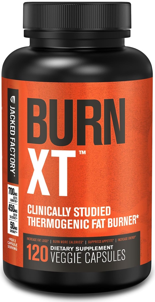 Jacked Factory Burn-XT Clinically Studied Fat Burner &amp; Weight Loss Suplemento - Appetite Suppressant & Energy Booster - con Acetyl L-Carnitine, Green Tea Extract y Más - 120 Natural Diet Pills