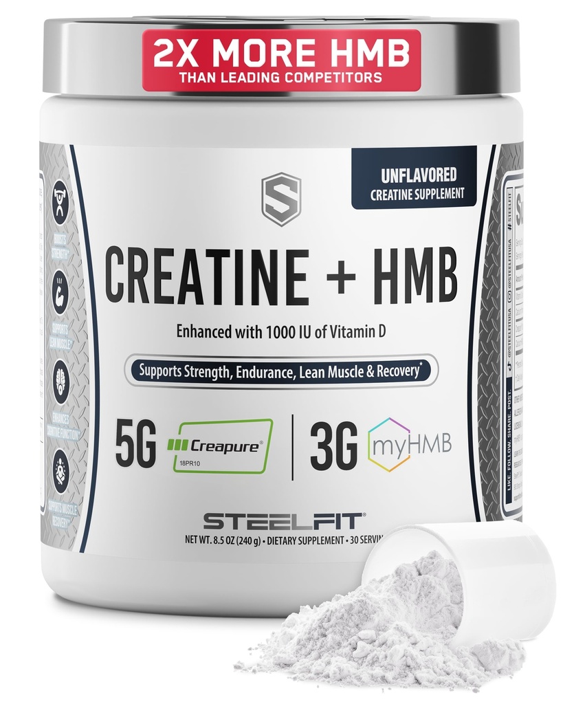 AceroFit Creatine HMB Powder - 5g Creapure Creatine Monohydrate Powder, 3g myHMB &amp; 1000 UI Vitamina D - Workout Suplemento Apoyos Crecimiento muscular, fuerza, recuperación &amp; energía - Desflavorado, 30 Servimientos