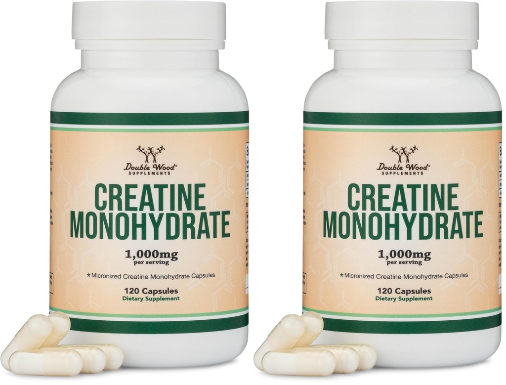 Cápsulas de Monohidrato de Creatina - 1g por Serving, 120 Conde - No Fillers, Vegan Safe, Non-GMO, Gluten Free by Double Wood (Pack of 2)