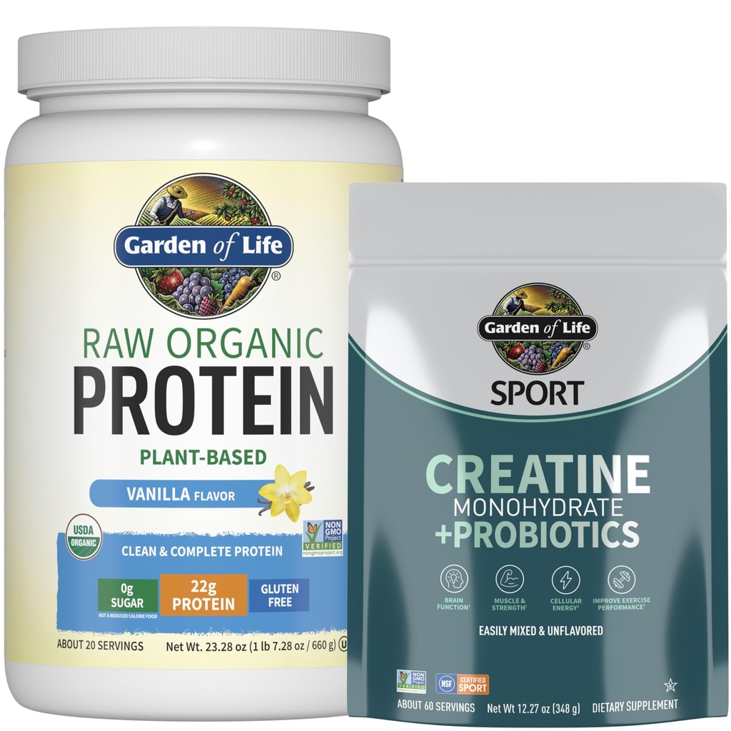 Jardín de la Proteína de la Vida &amp; Bundle Creatine – Vegan Vanilla Protein Powder 20 Serviciones con BCAAs, Probióticos & Enzymes + Cretina Monohidrato Pre Workout 60 Servimientos para el músculo, fuerza &amp; rendimiento