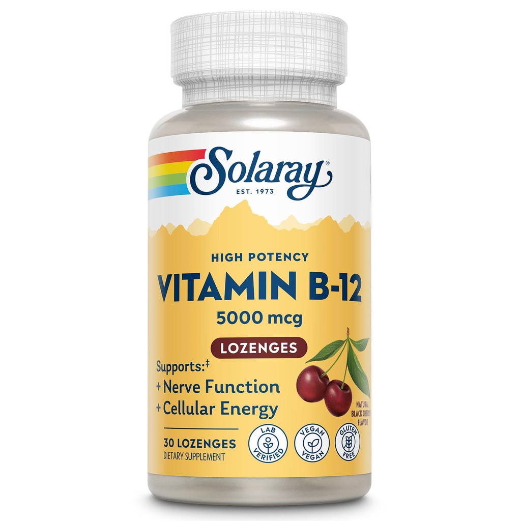 Solaray Vitamin B-12 5000mcg Lozenges - B12 Vitamins 5000 mcg, Methylcobalamin Lozenges for Women & Men, Methylated B Vitamins for Energy Support & Nerve Health - Natural Cherry Flavor, 30 Count