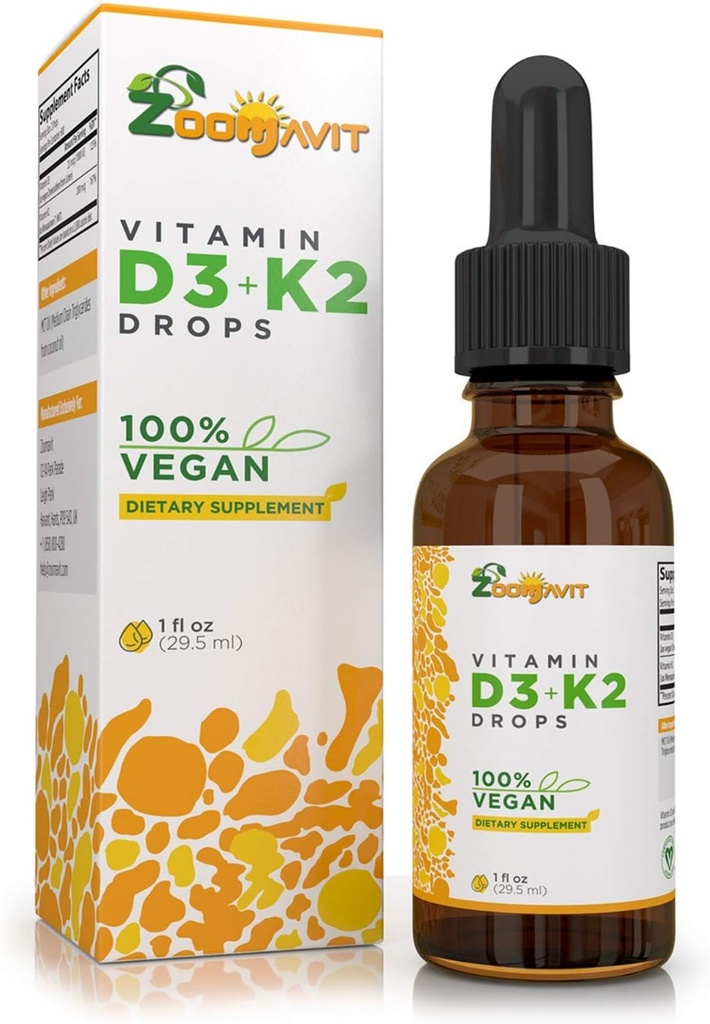Bombas de líquido vegano Vitamina D3 K2 (MK7) - 100% Vitamina líquida de base vegetal D mejorada con aceite de coco para absorción máxima - 1 Servir = 1000 UI VIT D3 y 200 mcg VIT K2