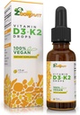 Bombas de líquido vegano Vitamina D3 K2 (MK7) - 100% Vitamina líquida de base vegetal D mejorada con aceite de coco para absorción máxima - 1 Servir = 1000 UI VIT D3 y 200 mcg VIT K2