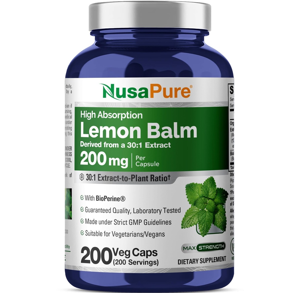 NusaPure Lemon Balm 30:1 Extracto, 200 mg Equivalente a 6000mg Por Vegan Caps - 200 Conde No GMO, Vegan Bioperina