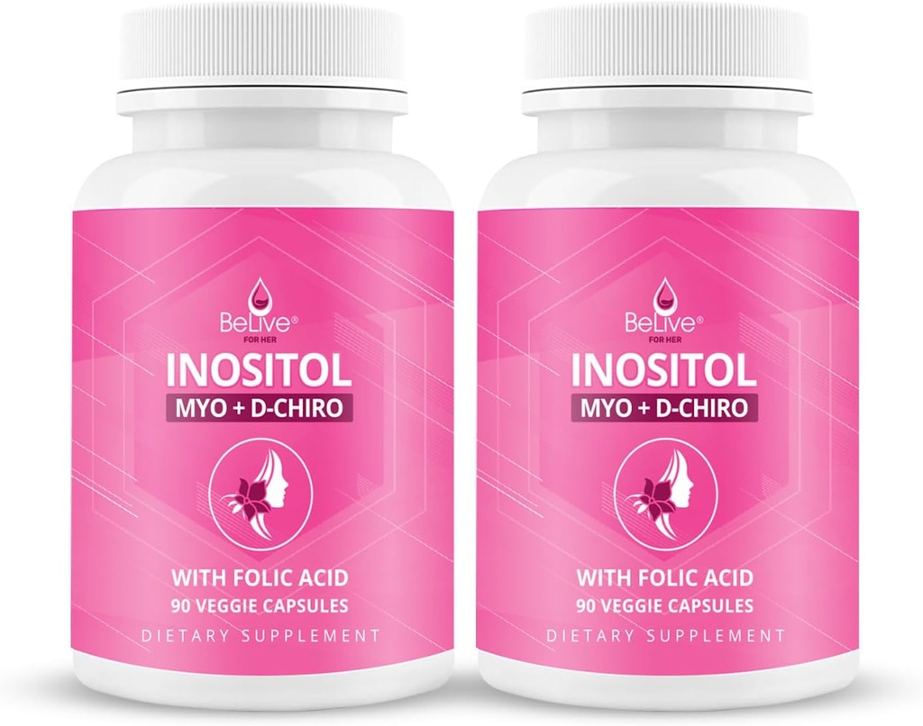 BeLive Myo-Inositol & D-Chiro Inositol Suplemento – 2 Pack – 90 cápsulas Cada – 40:1 ratio con ácido fólico para las mujeres