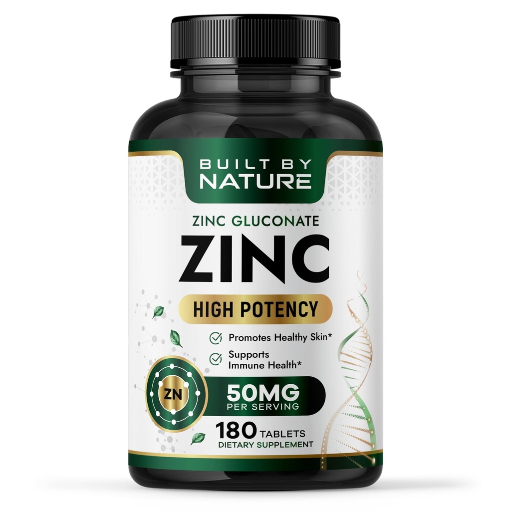 Construido por Nature Zinc 50 mg – Gluconato de zinc para soporte de inmunológico y antioxidante altamente absorbible – promueve la salud de la piel, el ojo y la inmune – no GMO, libre de gluten – 180 tabletas