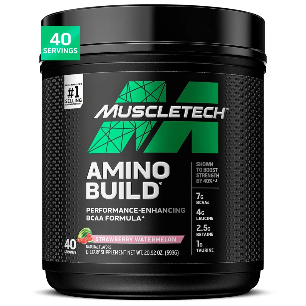 MuscleTech  BCAA Amino Acids + Electrolyte Powder tención 7g de BCAAs + Electrolytes Soporte ¦ Build Lean Muscle " Boost Endurance ← Strawberry Watermelon TEN 593 gramos ANTE 40 porciones