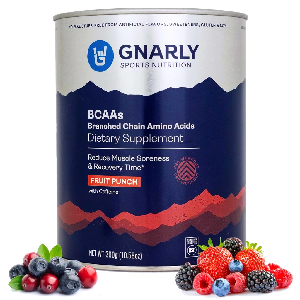 Gnarly Nutrition BCAA Powder, Fruit Punch – Pre-Workout BCAAS Amino Acids – NSF Sport Certified – Suplemento para apoyar y reconstruir el músculo – Fruit Punch con cafeína, 10.58 oz
