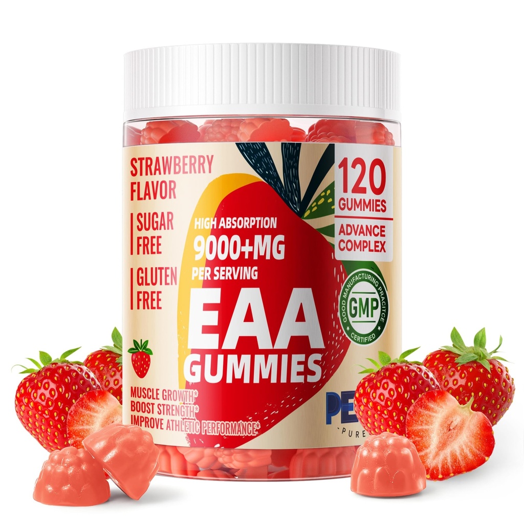 Mascotas Purest EAA Gummies 120 Gummies (Strawberry), Aminoácidos Esenciales - Todos los 9 Aminos Esenciales (EAA) y todos los Aminos Sustitutivos (BCAAs), No GMO, Gluten Free, Vegetarian Friendly