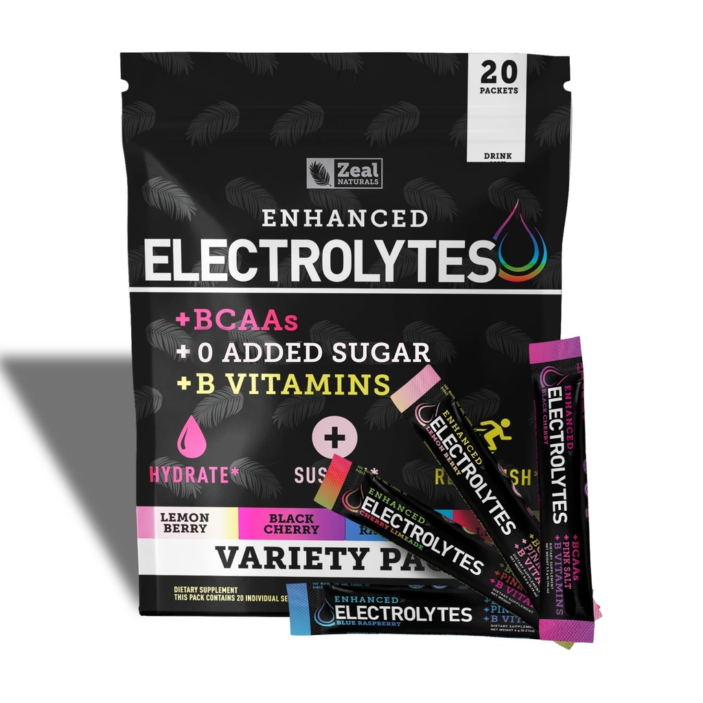 Zaal Naturals Enhanced Electrolyte Powder Stick Pack (Variety Pack - 20 Packets) Sugar Gratis + BCAA B-Vitamins & Pink Himalayan Salt - Keto Electrolytes, Hydration Powder