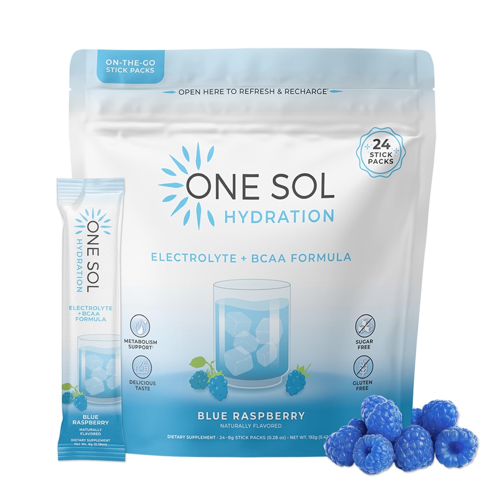 One Sol BCAA &amp; Electrolyte Powder for Hydration & Energy, All-Natural Formula, 100% Vegan, Non-GMO, Gluten Free &amp; Soy-Free, Promotes Muscle Growth & Recovery, Natural Blue Raspberry Flavor