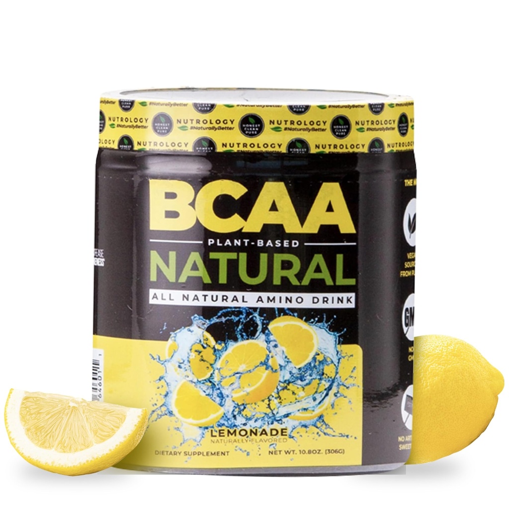 Nutrology BCAA Natural - Plant Based BCAA Powder, Lemonade Flavor, Optimizado 2:1 Ratio Amino Acids Polvo para Pre Workout & Post Workout Recovery, Vegan, Gluten-Free, Non-GMO, 30 Servings
