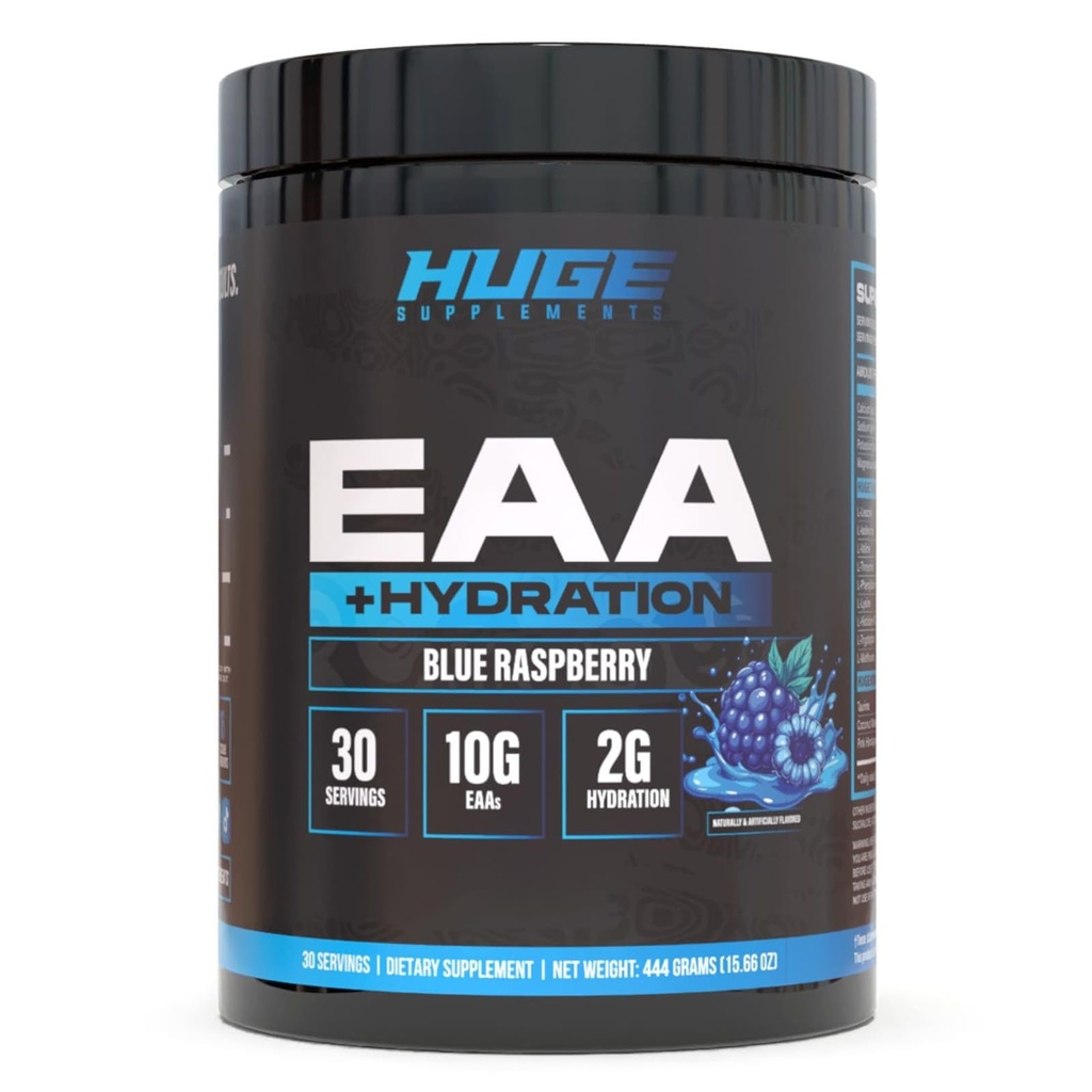 Enorme EAA + Hidratación, Aminoácidos esenciales Polvo, EAAs & BCAAs, Intra " Post Workout Recovery Powder, Crecimiento muscular, Recuperación " Rendimiento, 10g EAAs " Electrolitos, 30 Servimientos (Blue Raspberry)