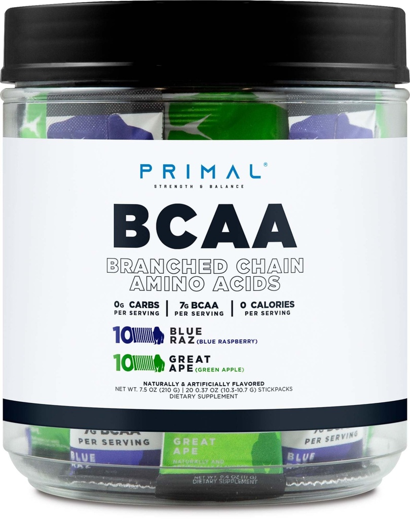 Primal BCAA Variety Pack, Blue Raspberry + Great Ape Green Apple Flavored (20 Stickpacks) - 7G BCAA por Serving, Branched Chain Amino Acids